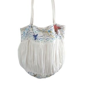 Marilu White Cotton Nautical Starfish Beaded Tote Bag Coastal Beach Shoulder Bag